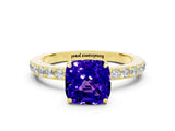 Yellow gold Cushion Cut Tanzanite Solitaire Engagement Ring with Pavé Band and Four-Prong Setting