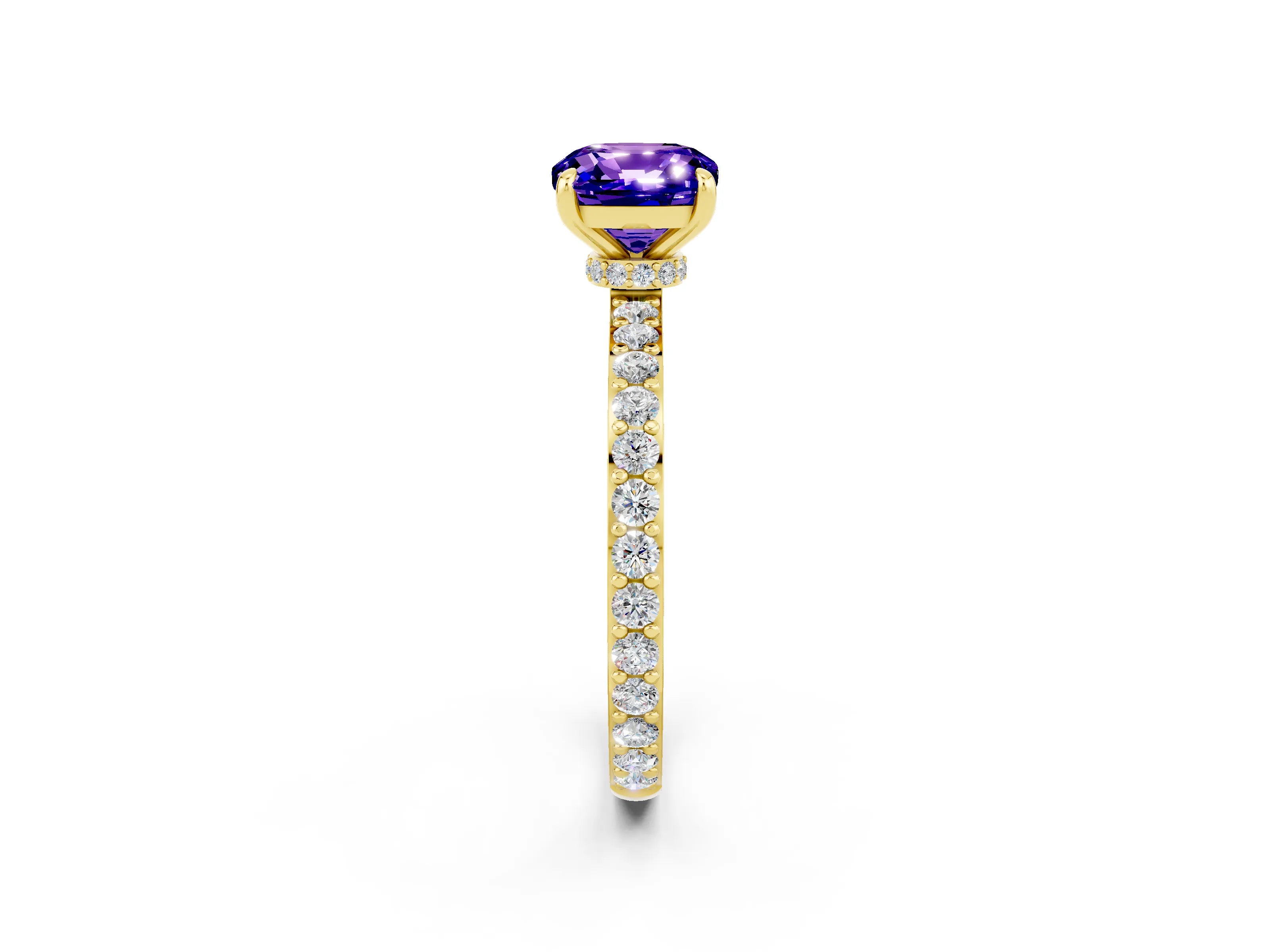 Yellow gold Cushion Cut Tanzanite Solitaire Engagement Ring with Pavé Band and Four-Prong Setting_2