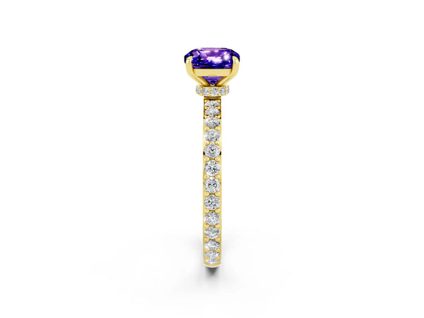 Yellow gold Cushion Cut Tanzanite Solitaire Engagement Ring with Pavé Band and Four-Prong Setting