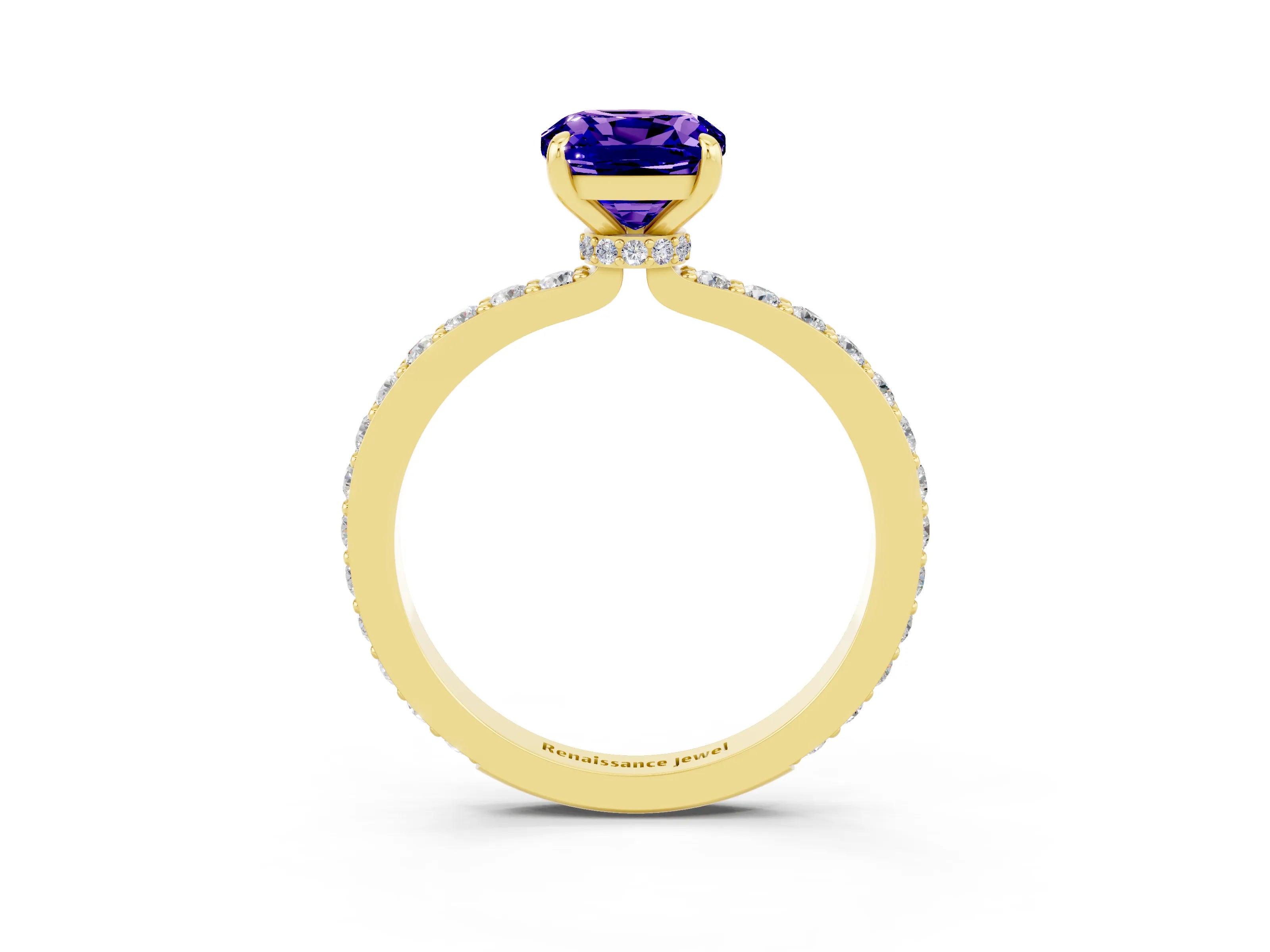 Yellow gold Cushion Cut Tanzanite Solitaire Engagement Ring with Pavé Band and Four-Prong Setting_3