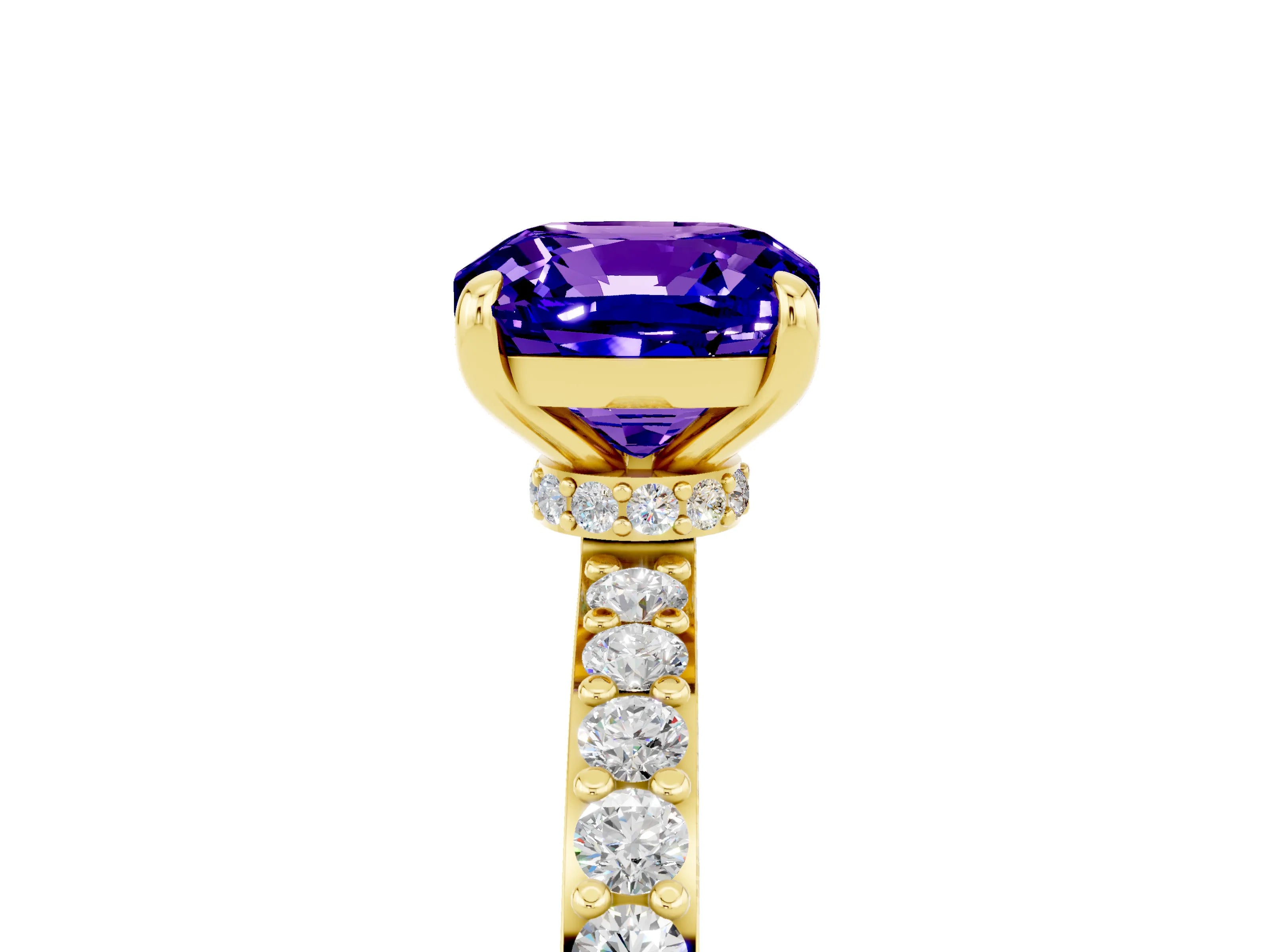 Yellow gold Cushion Cut Tanzanite Solitaire Engagement Ring with Pavé Band and Four-Prong Setting_5