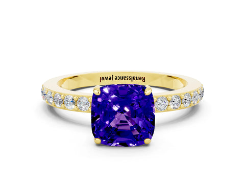 Yellow gold Cushion Cut Tanzanite Solitaire Engagement Ring with Pavé Band and Four-Prong Setting
