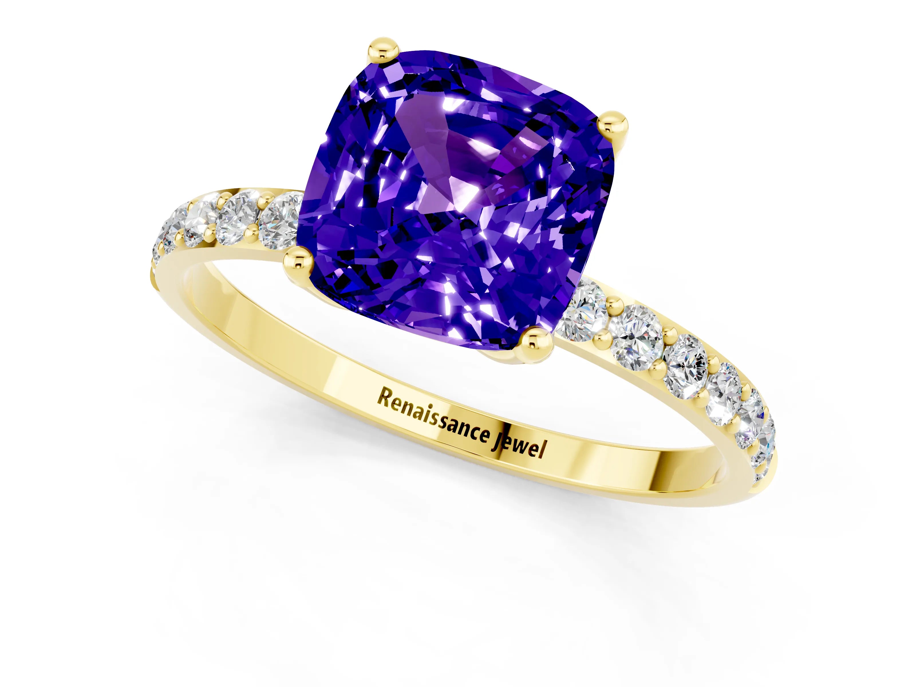 Yellow gold Cushion Cut Tanzanite Solitaire Engagement Ring with Pavé Band and Prong Setting_1