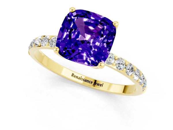 Yellow gold Cushion Cut Tanzanite Solitaire Engagement Ring with Round  Pavé Band and Prong Setting