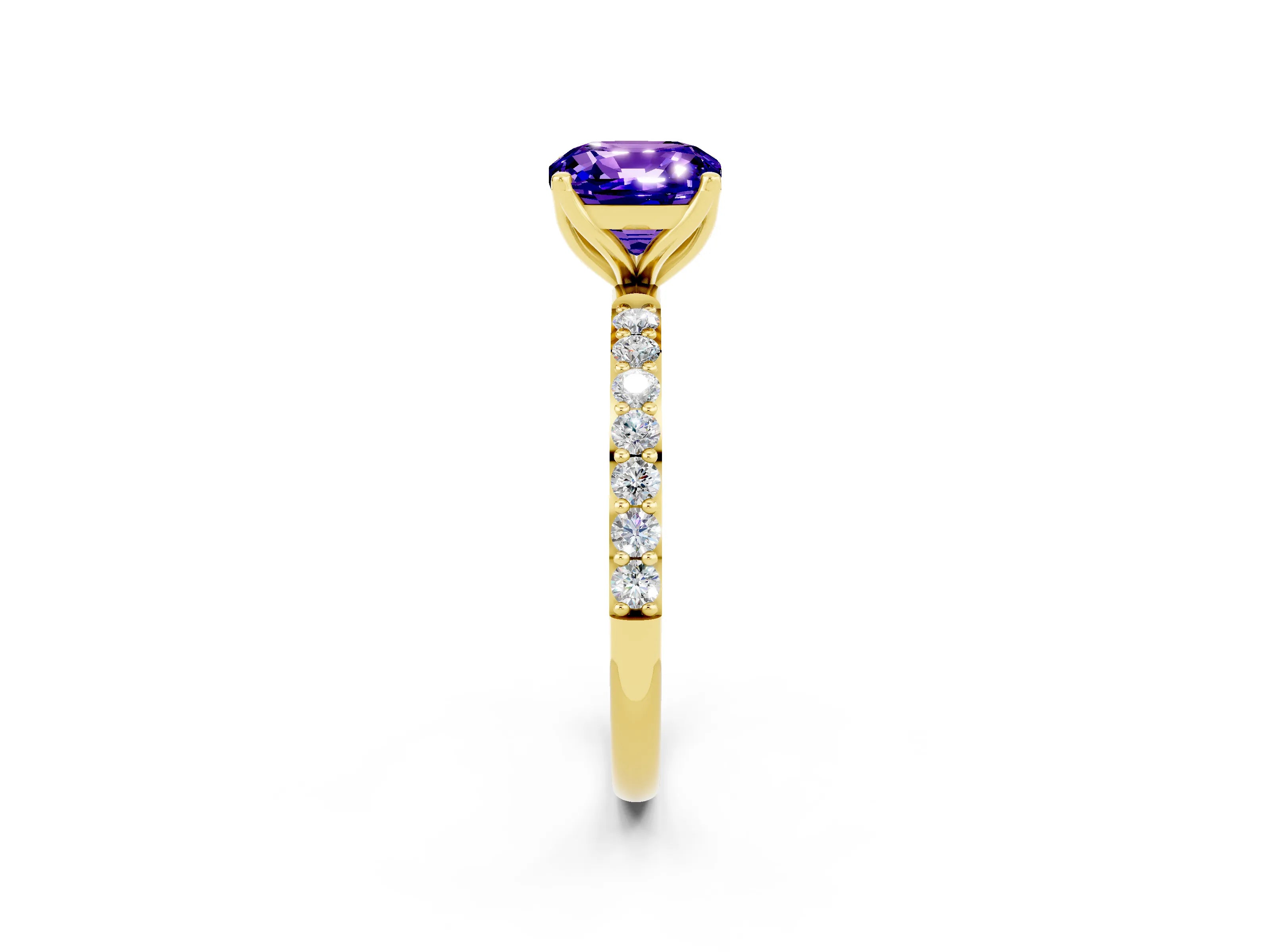 Yellow gold Cushion Cut Tanzanite Solitaire Engagement Ring with Pavé Band and Prong Setting_2