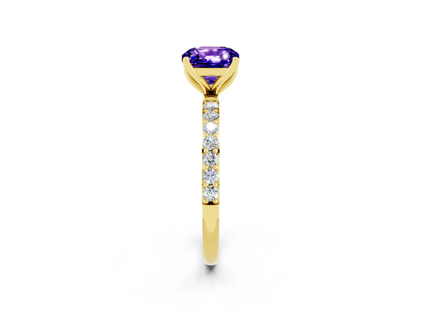 Yellow gold Cushion Cut Tanzanite Solitaire Engagement Ring with Round  Pavé Band and Prong Setting