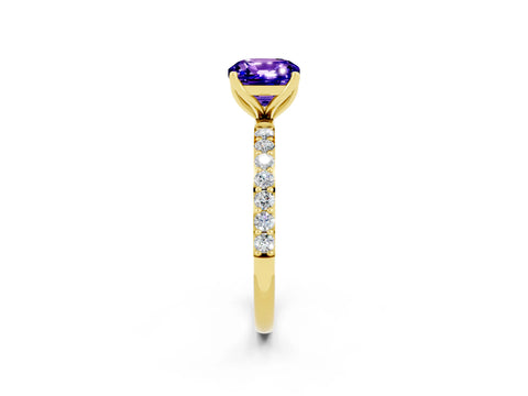 Yellow gold Cushion Cut Tanzanite Solitaire Engagement Ring with Pavé Band and Prong Setting_2