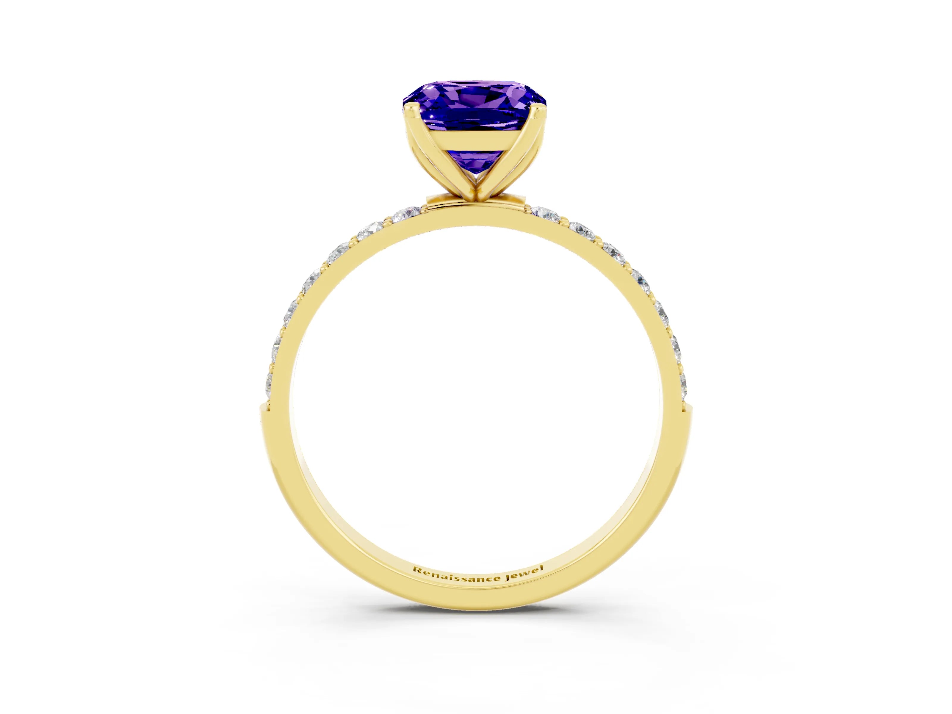 Yellow gold Cushion Cut Tanzanite Solitaire Engagement Ring with Pavé Band and Prong Setting_3