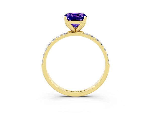 Yellow gold Cushion Cut Tanzanite Solitaire Engagement Ring with Round  Pavé Band and Prong Setting