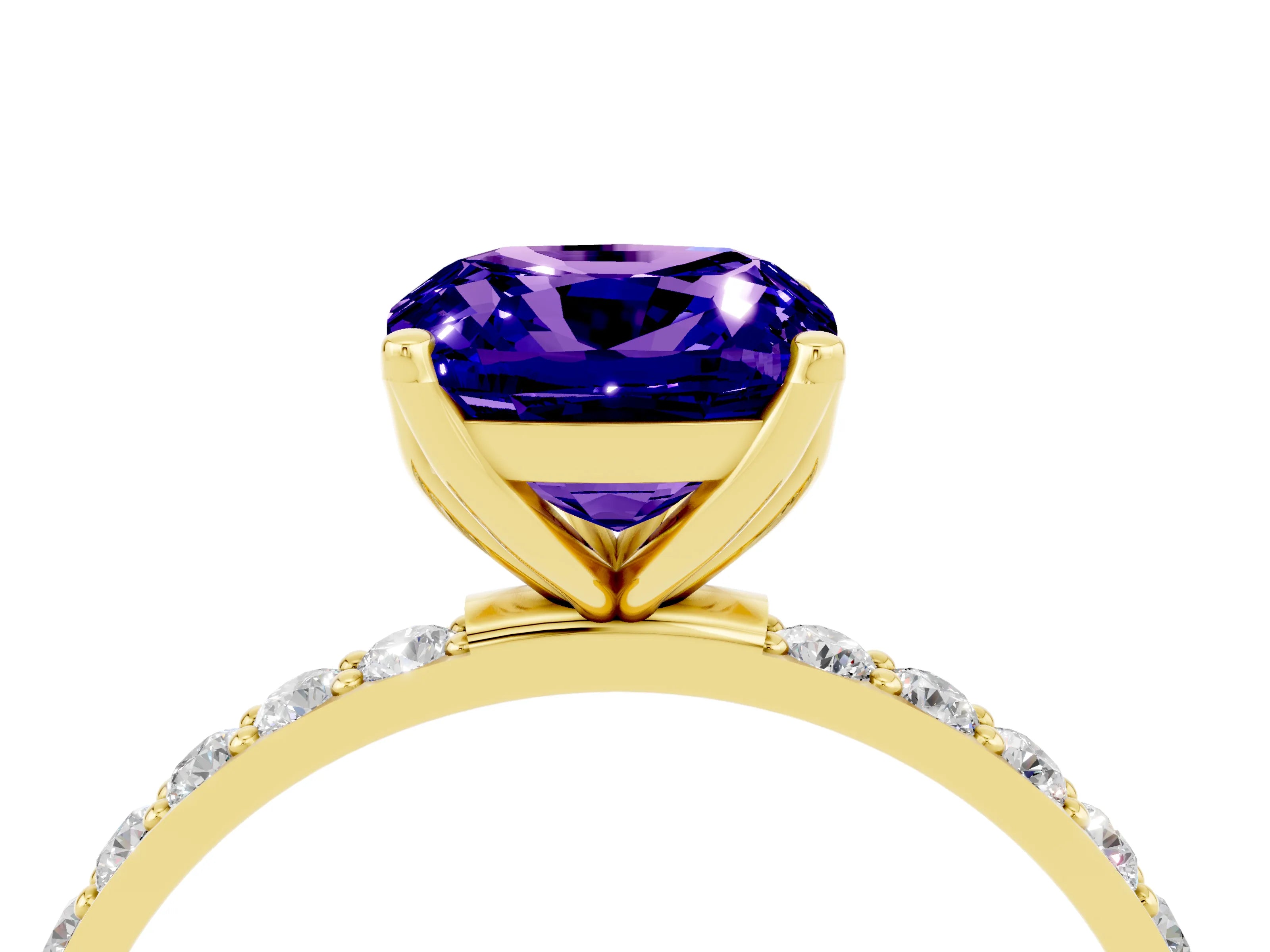 Yellow gold Cushion Cut Tanzanite Solitaire Engagement Ring with Pavé Band and Prong Setting_4