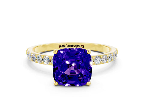 Yellow gold Cushion Cut Tanzanite Solitaire Engagement Ring with Pavé Band and Prong Setting