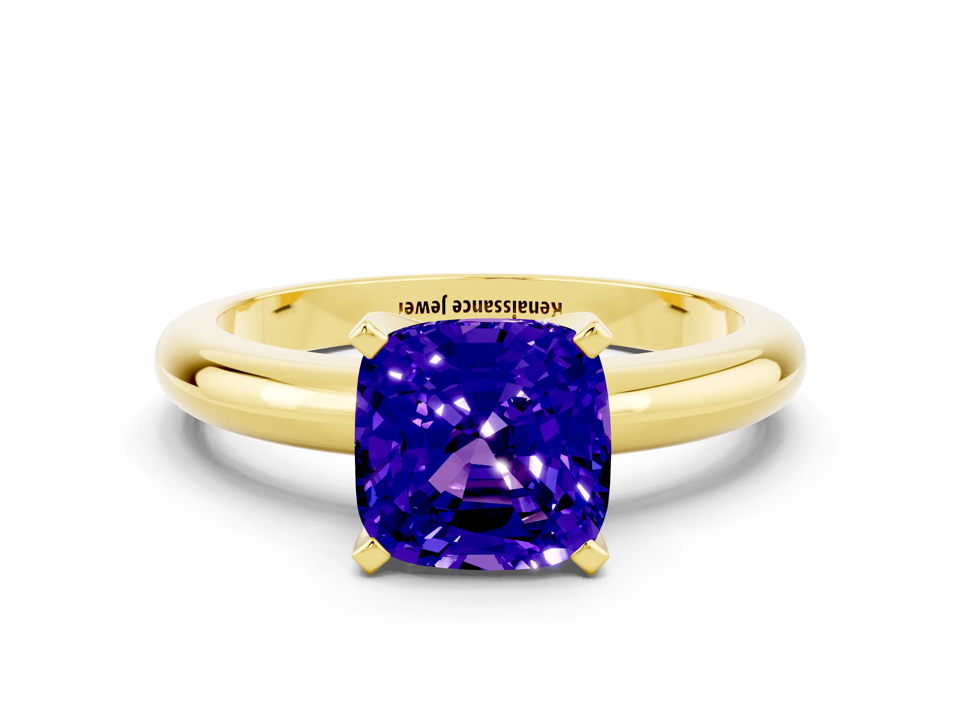 Yellow gold Cushion Cut Tanzanite Solitaire Engagement Ring with Round Band and Four-Prong Setting