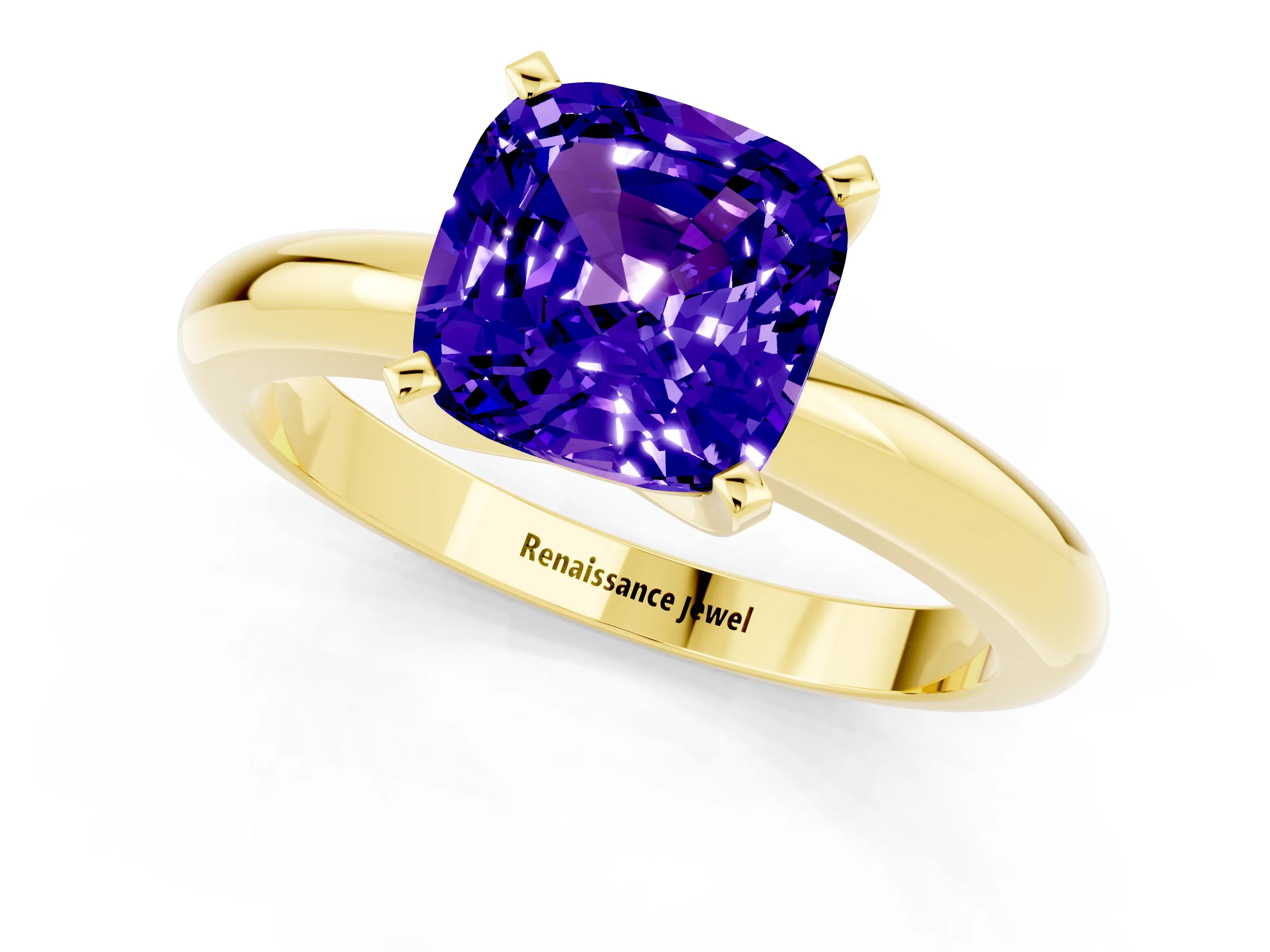 Yellow gold Cushion Cut Tanzanite Solitaire Engagement Ring with Round Band and Four-Prong Setting_1