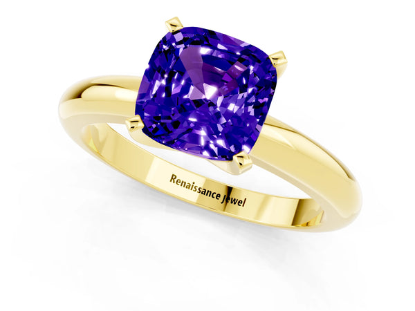 Yellow gold Cushion Cut Tanzanite Solitaire Engagement Ring with Round Band and Four-Prong Setting
