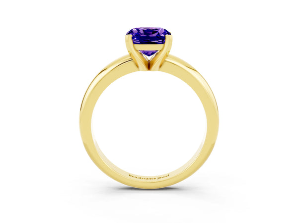 Yellow gold Cushion Cut Tanzanite Solitaire Engagement Ring with Round Band and Four-Prong Setting