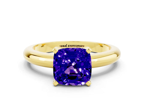 Yellow gold Cushion Cut Tanzanite Solitaire Engagement Ring with Round Band and Four-Prong Setting