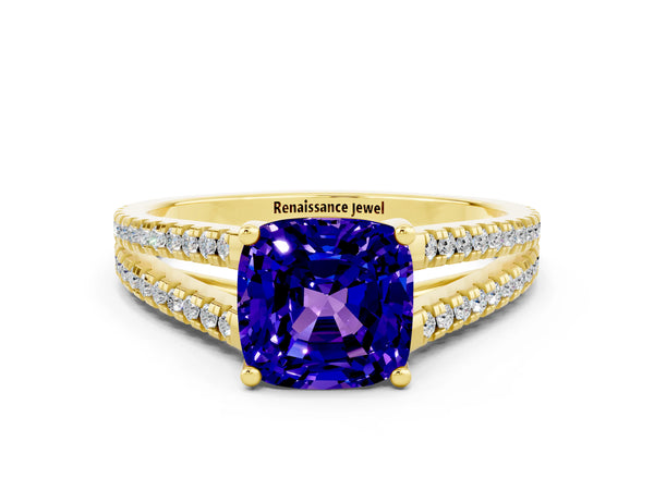 Yellow gold Cushion Cut Tanzanite Solitaire Engagement Ring with Split Shank Pavé Band
