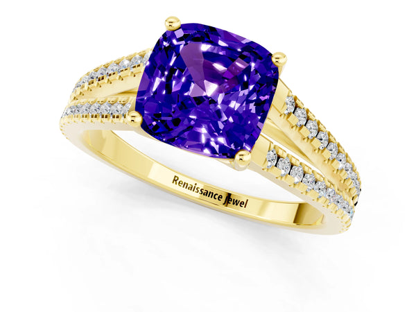 Yellow gold Cushion Cut Tanzanite Solitaire Engagement Ring with Split Shank Pavé Band