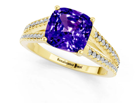 Yellow gold Cushion Cut Tanzanite Solitaire Engagement Ring with Split Shank Pavé Band_1