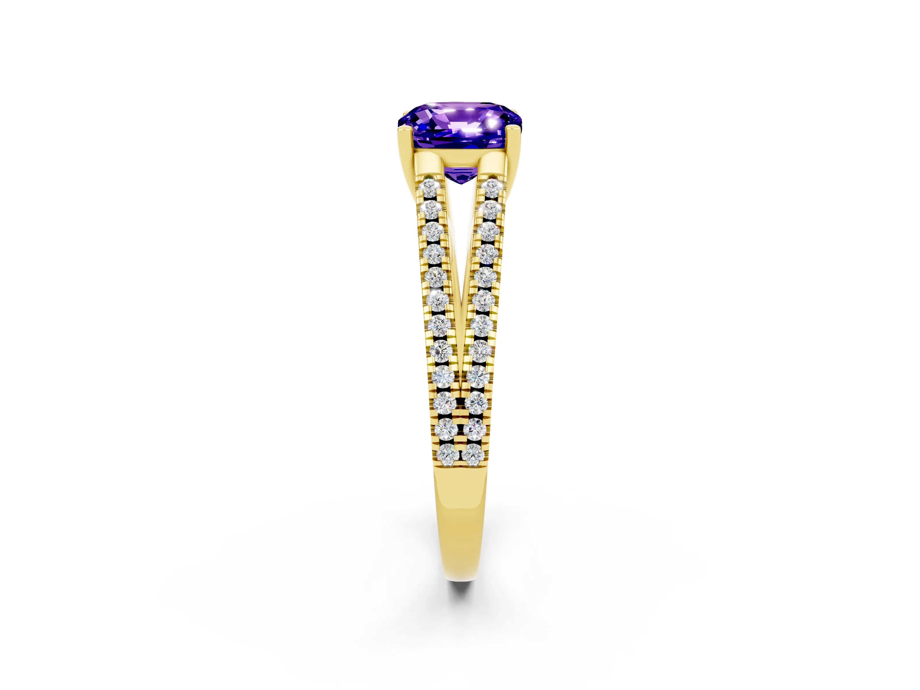 Yellow gold Cushion Cut Tanzanite Solitaire Engagement Ring with Split Shank Pavé Band_2