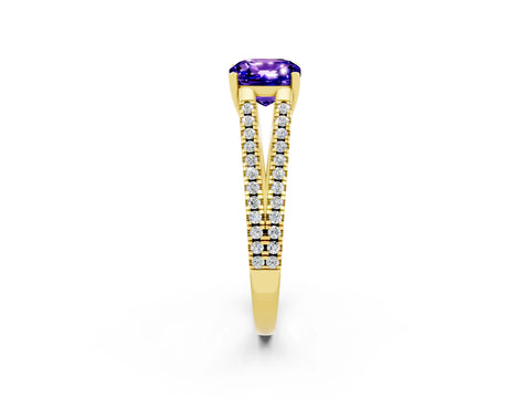 Yellow gold Cushion Cut Tanzanite Solitaire Engagement Ring with Split Shank Pavé Band_2