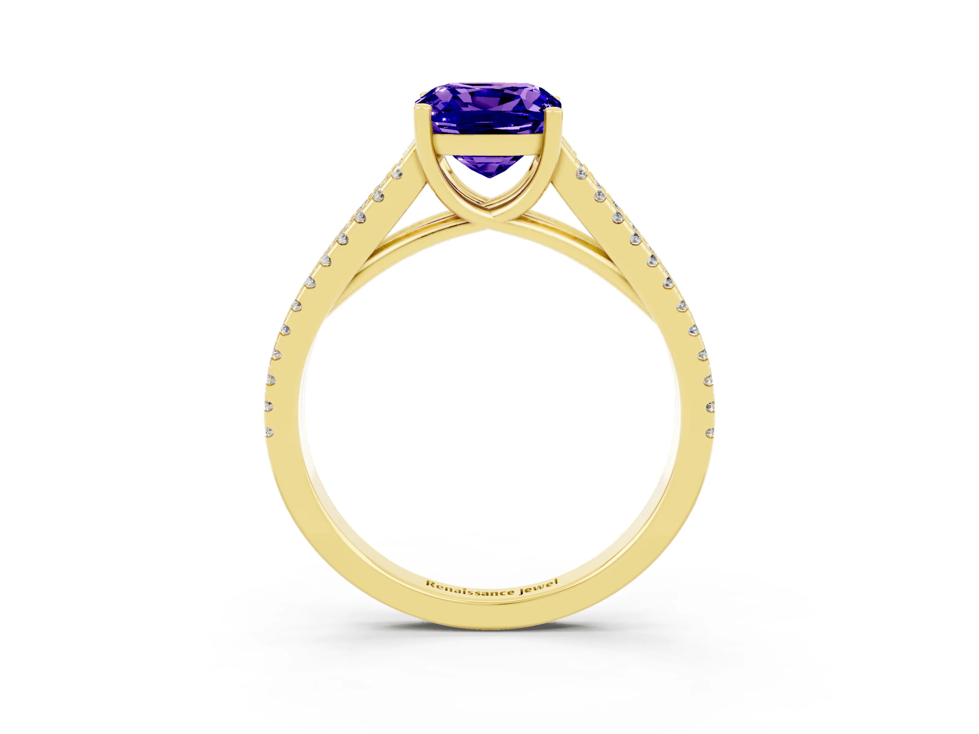 Yellow gold Cushion Cut Tanzanite Solitaire Engagement Ring with Split Shank Pavé Band_3