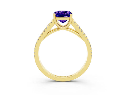 Yellow gold Cushion Cut Tanzanite Solitaire Engagement Ring with Split Shank Pavé Band_3