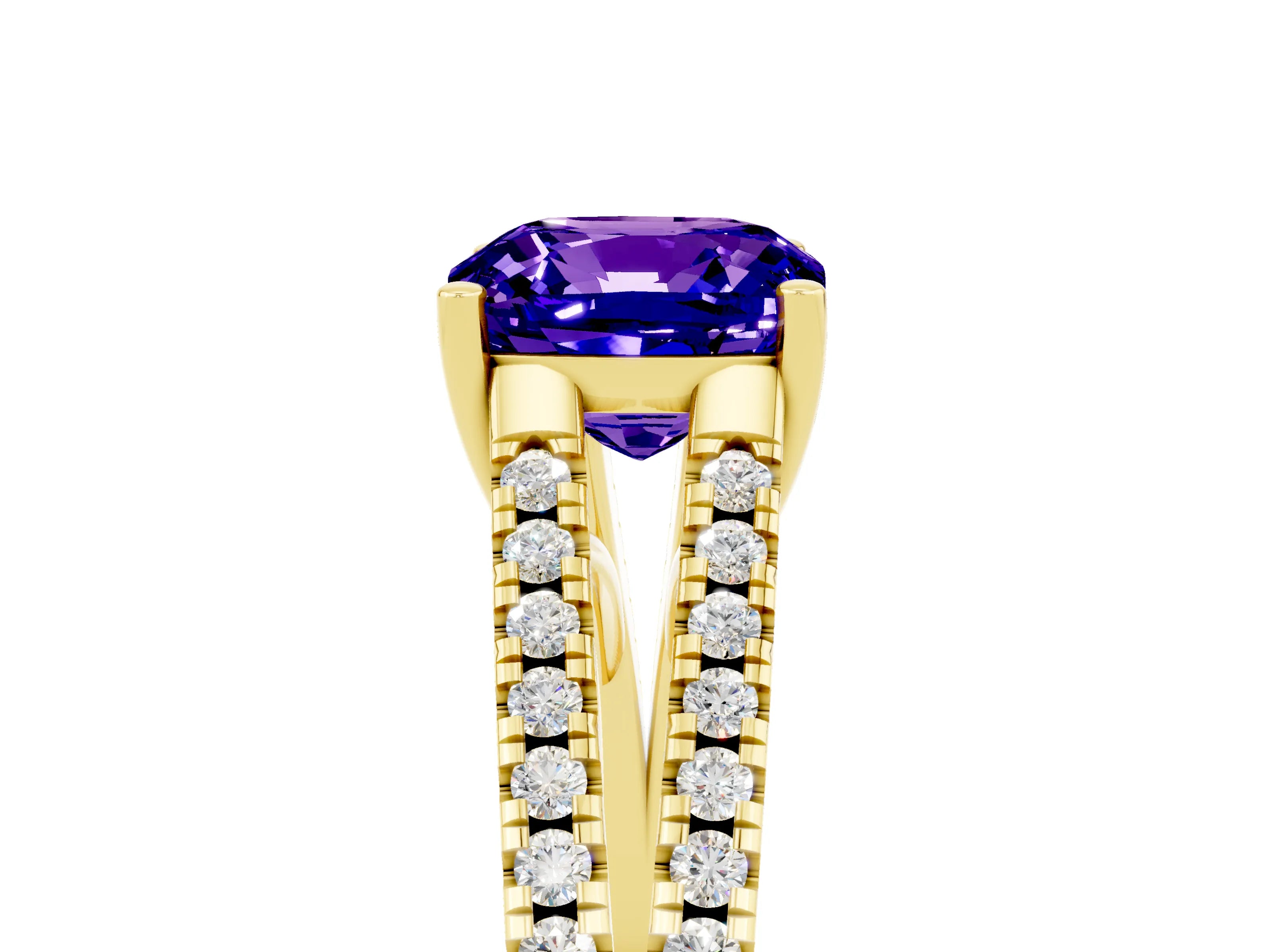 Yellow gold Cushion Cut Tanzanite Solitaire Engagement Ring with Split Shank Pavé Band_5