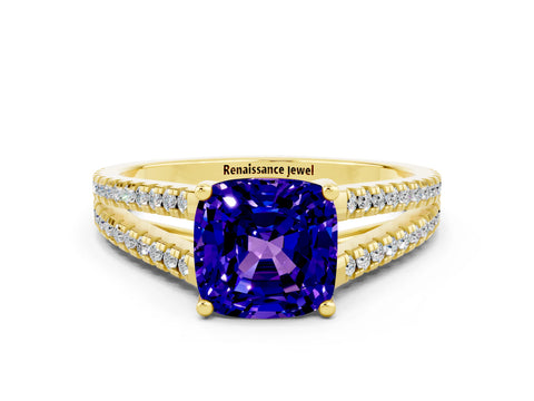Yellow gold Cushion Cut Tanzanite Solitaire Engagement Ring with Split Shank Pavé Band