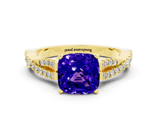 Yellow gold Cushion Cut Tanzanite Solitaire Engagement Ring with Twisted Pavé Band and Four-Prong Setting