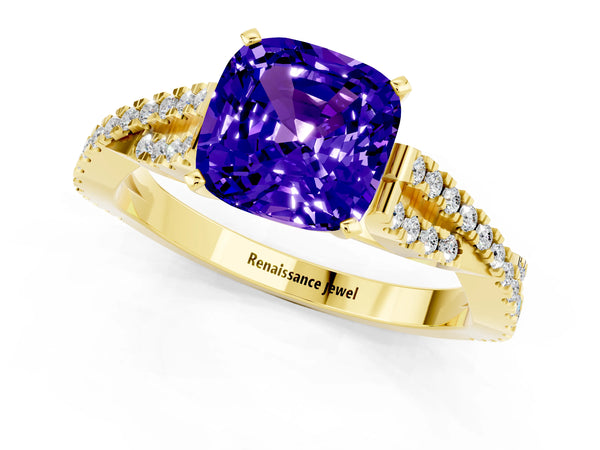 Yellow gold Cushion Cut Tanzanite Solitaire Engagement Ring with Twisted Pavé Band and Four-Prong Setting