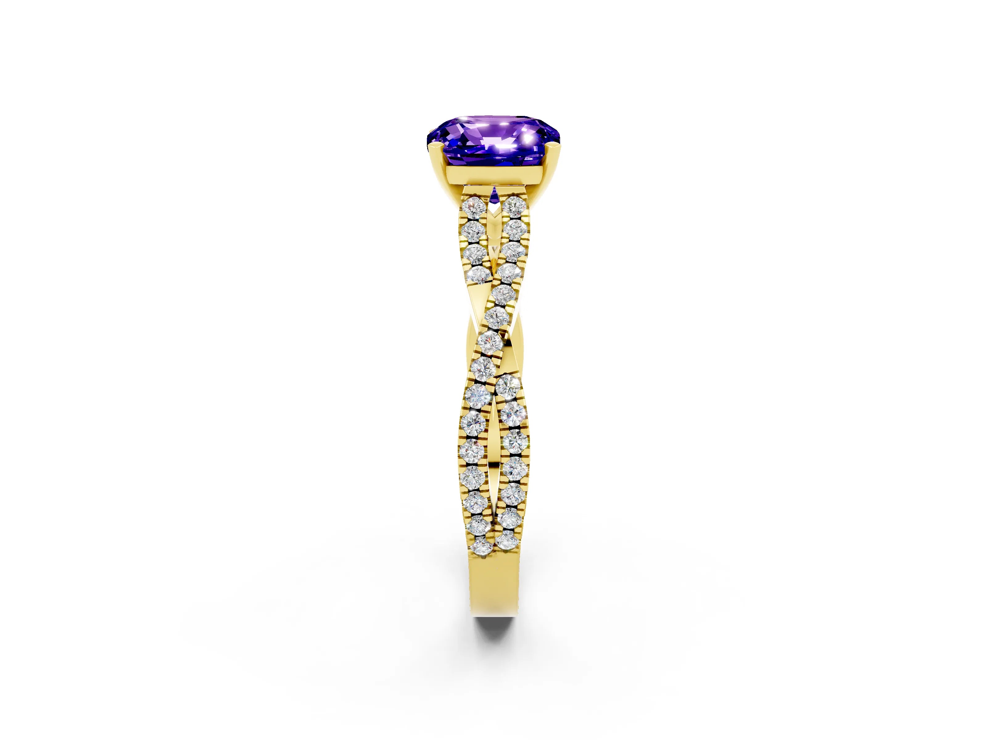 Yellow gold Cushion Cut Tanzanite Solitaire Engagement Ring with Twisted Pavé Band and Four-Prong Setting_14