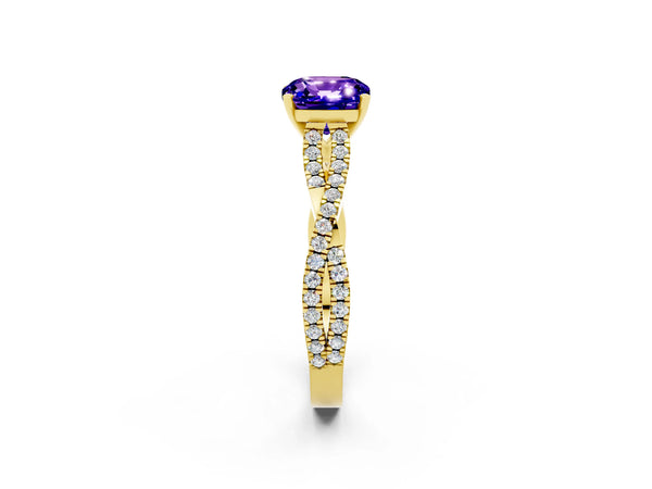 Yellow gold Cushion Cut Tanzanite Solitaire Engagement Ring with Twisted Pavé Band and Four-Prong Setting