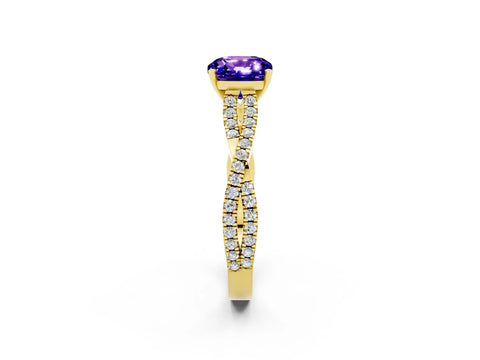 Yellow gold Cushion Cut Tanzanite Solitaire Engagement Ring with Twisted Pavé Band and Four-Prong Setting_14