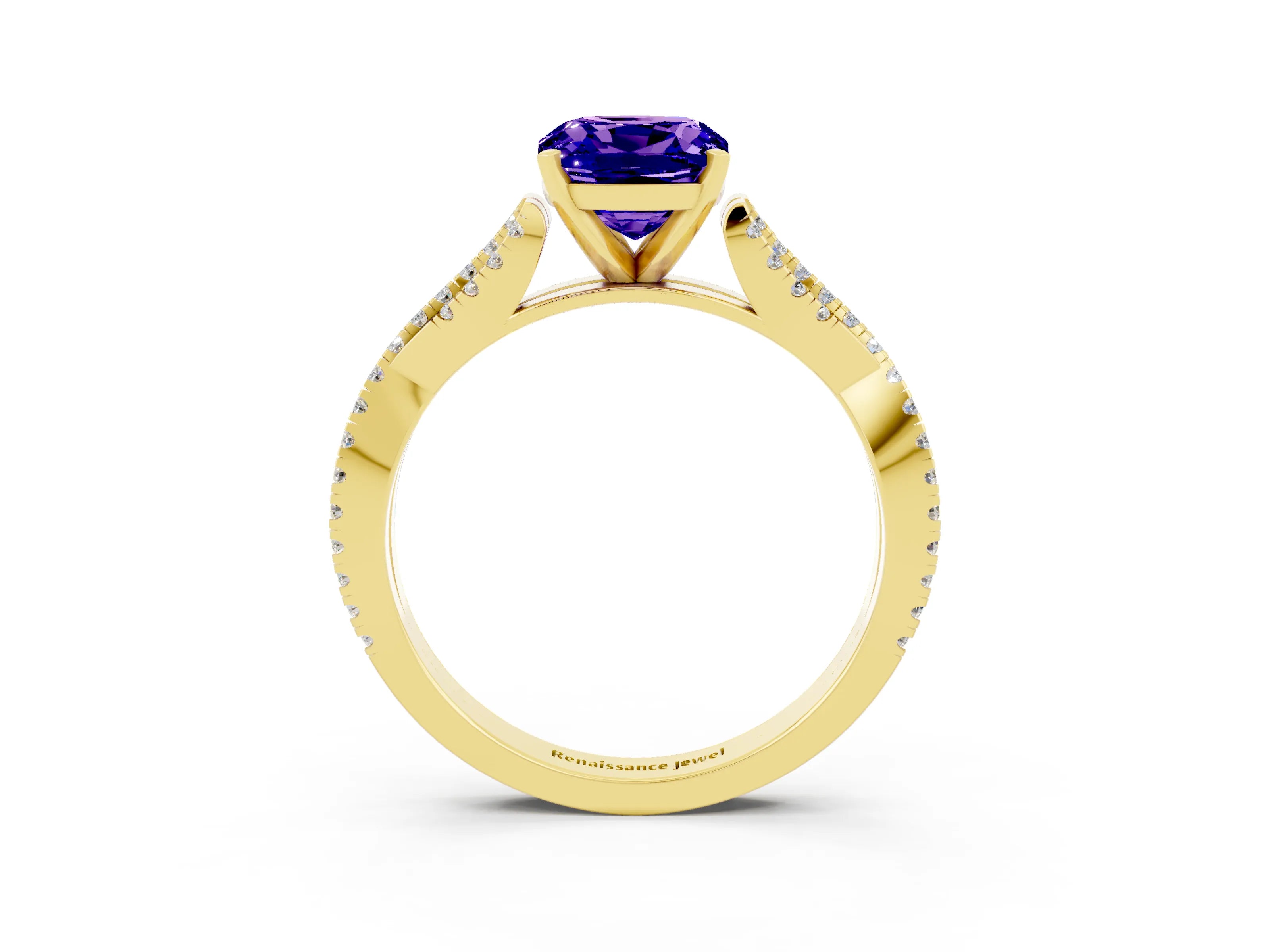 Yellow gold Cushion Cut Tanzanite Solitaire Engagement Ring with Twisted Pavé Band and Four-Prong Setting_15