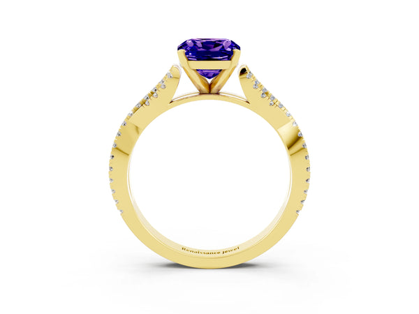 Yellow gold Cushion Cut Tanzanite Solitaire Engagement Ring with Twisted Pavé Band and Four-Prong Setting
