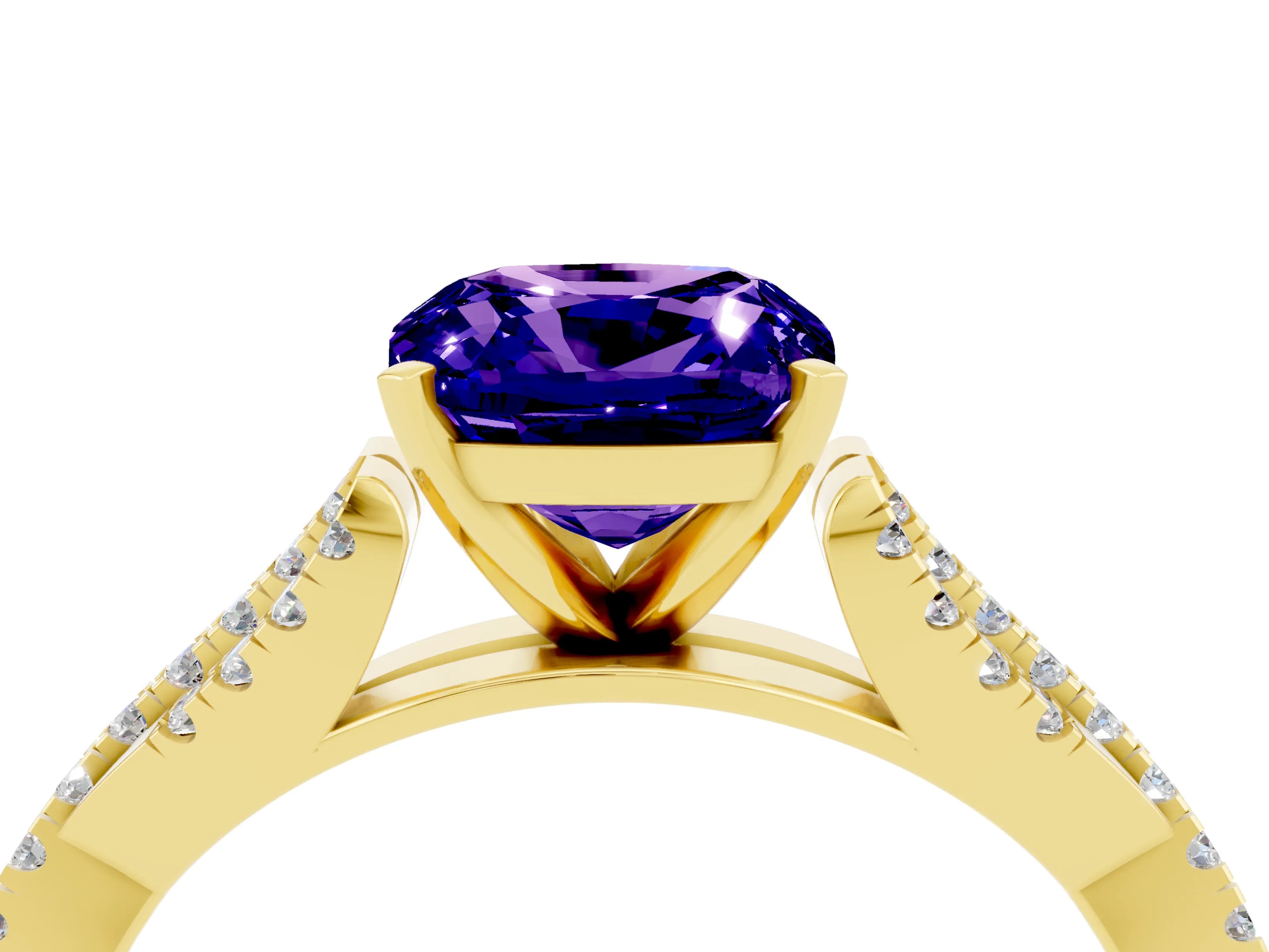 Yellow gold Cushion Cut Tanzanite Solitaire Engagement Ring with Twisted Pavé Band and Four-Prong Setting_16