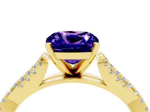 Yellow gold Cushion Cut Tanzanite Solitaire Engagement Ring with Twisted Pavé Band and Four-Prong Setting_16