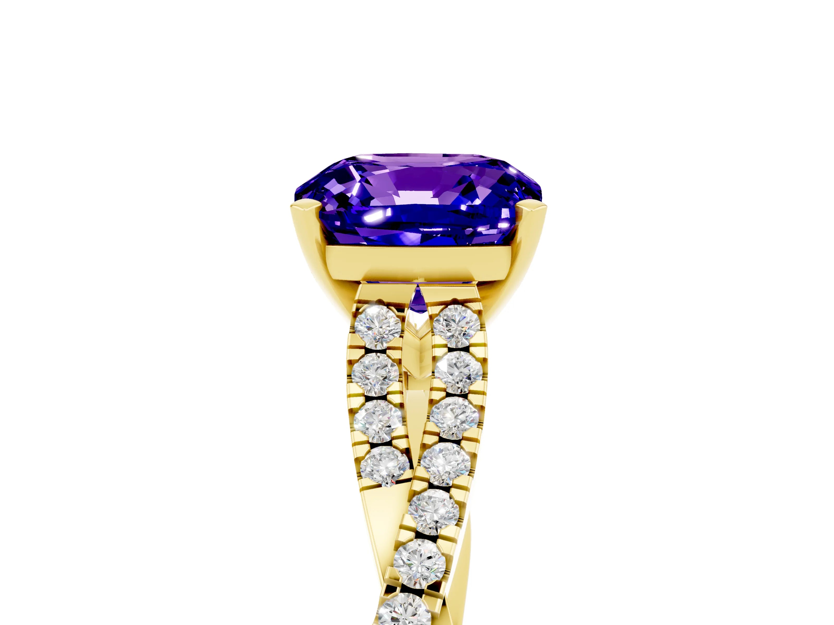 Yellow gold Cushion Cut Tanzanite Solitaire Engagement Ring with Twisted Pavé Band and Four-Prong Setting_17
