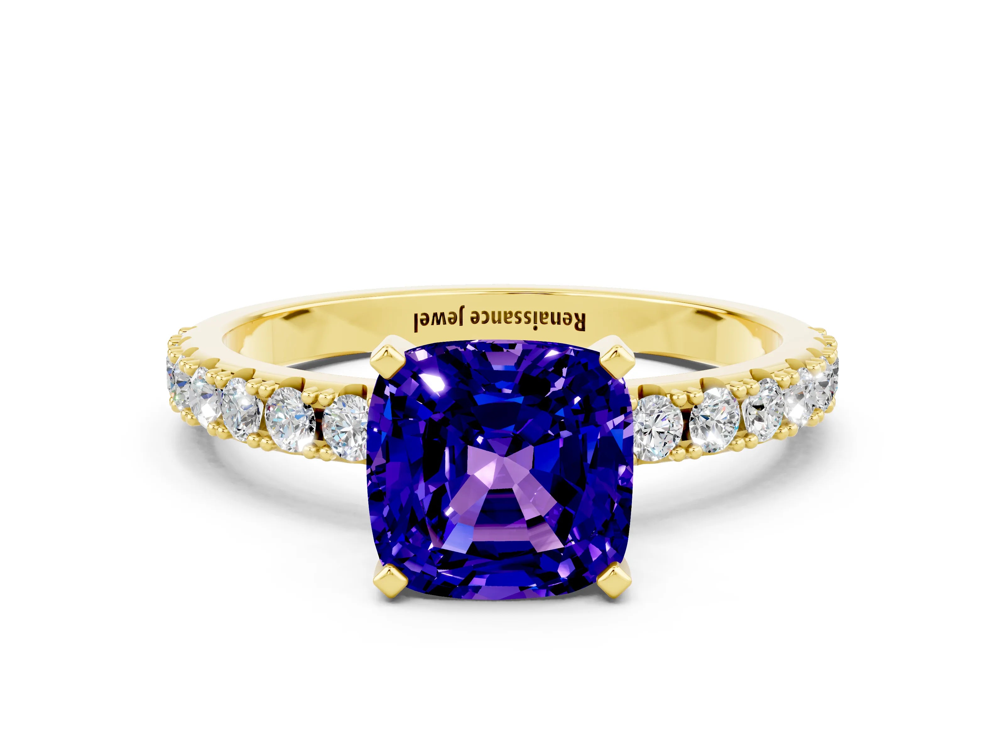 Yellow gold Cushion Cut Tanzanite Solitaire Pavé Band with Four-Prong Setting
