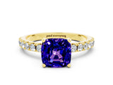 Yellow gold Cushion Cut Tanzanite Solitaire Pavé Band with Four-Prong Setting