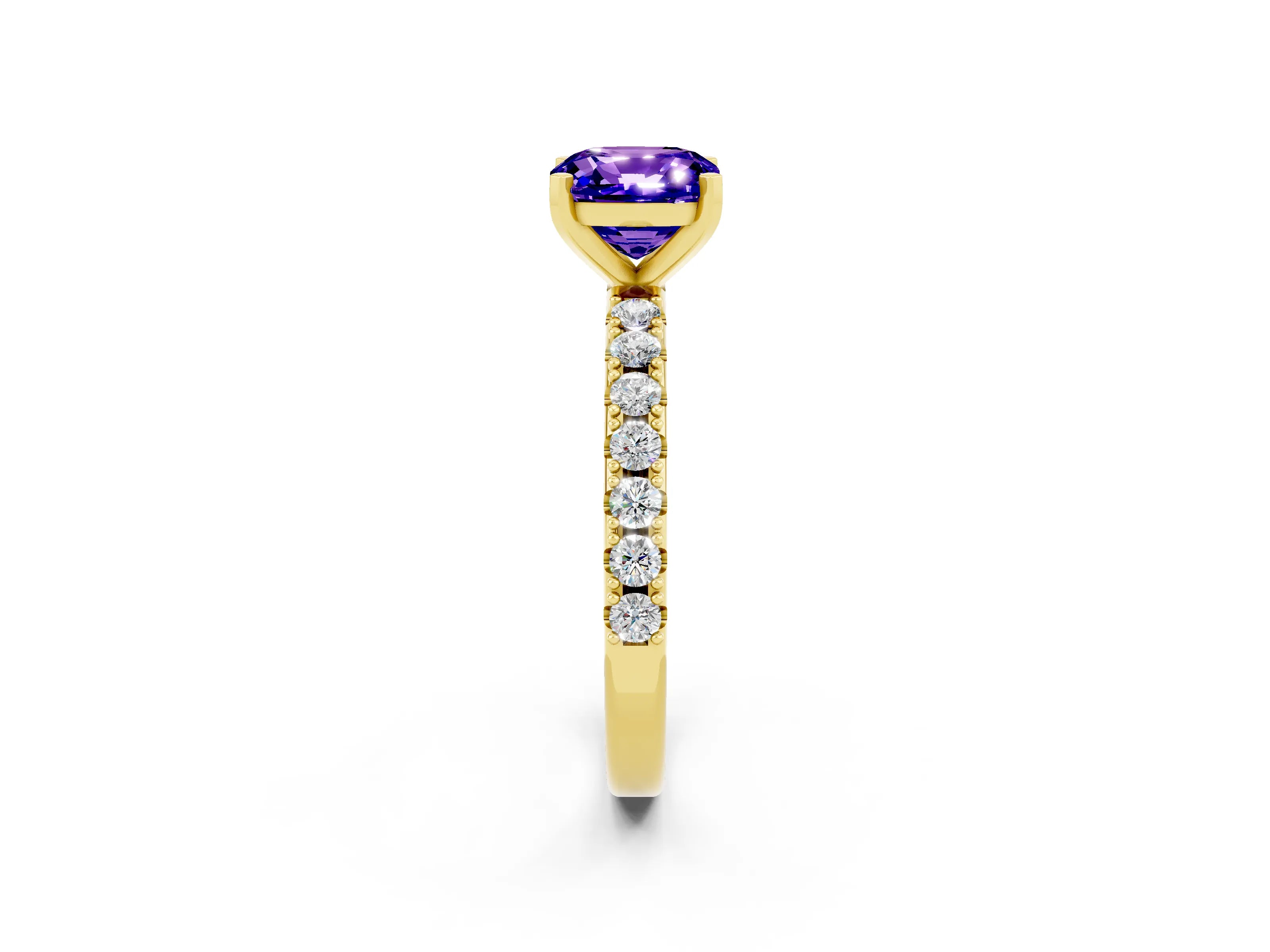 Yellow gold Cushion Cut Tanzanite Solitaire Pavé Band with Four-Prong Setting_2