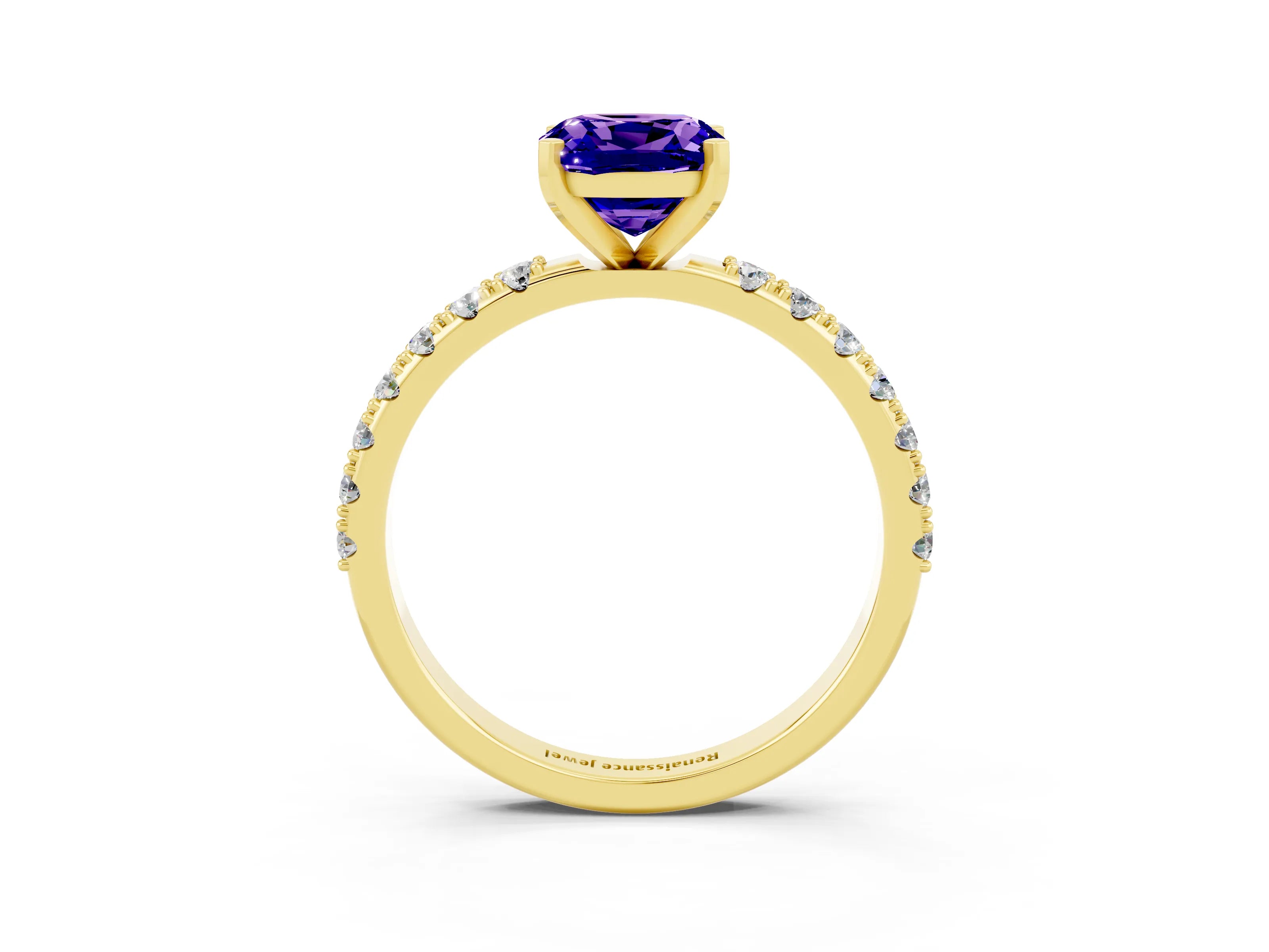 Yellow gold Cushion Cut Tanzanite Solitaire Pavé Band with Four-Prong Setting_3