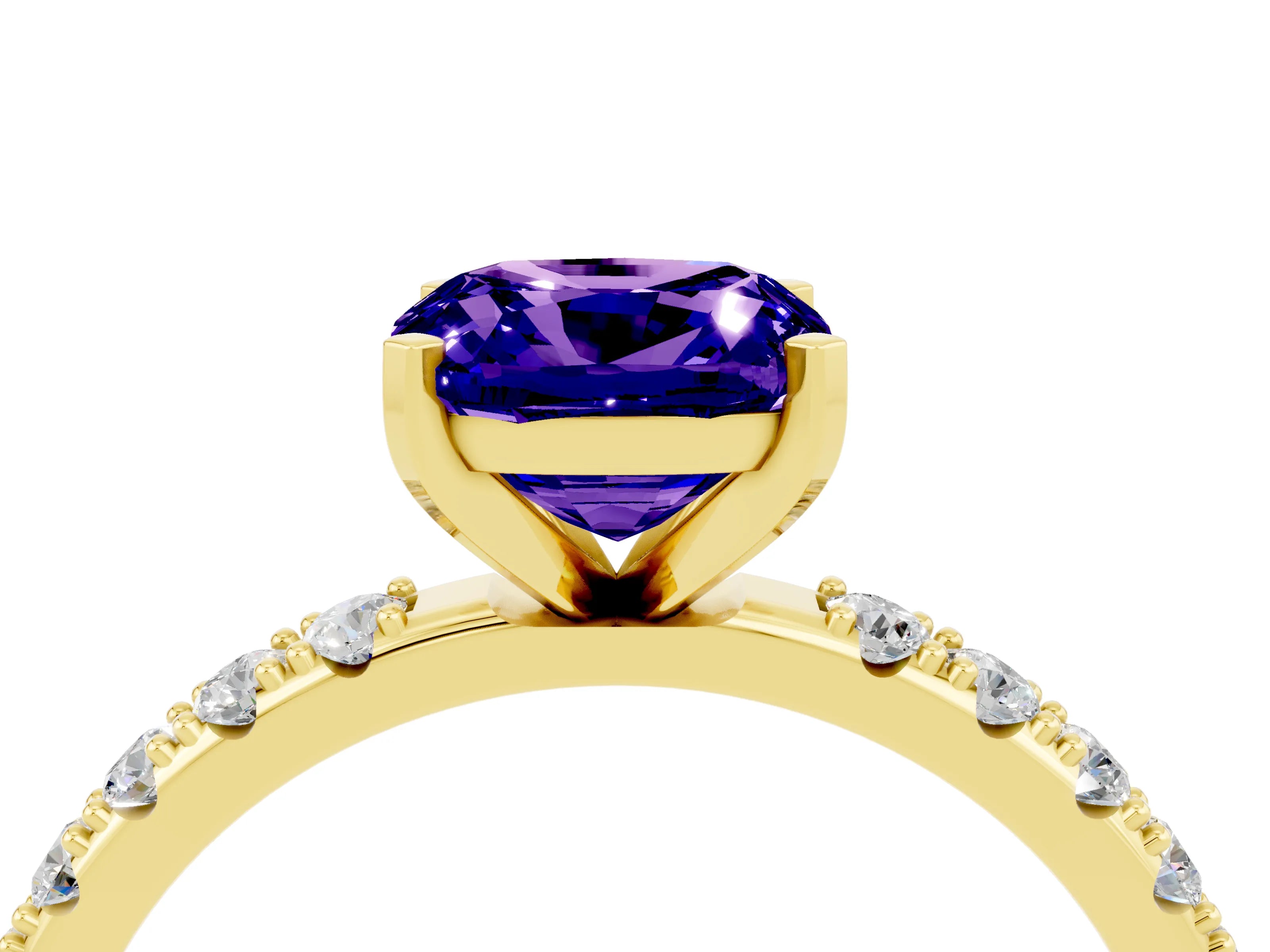 Yellow gold Cushion Cut Tanzanite Solitaire Pavé Band with Four-Prong Setting_4