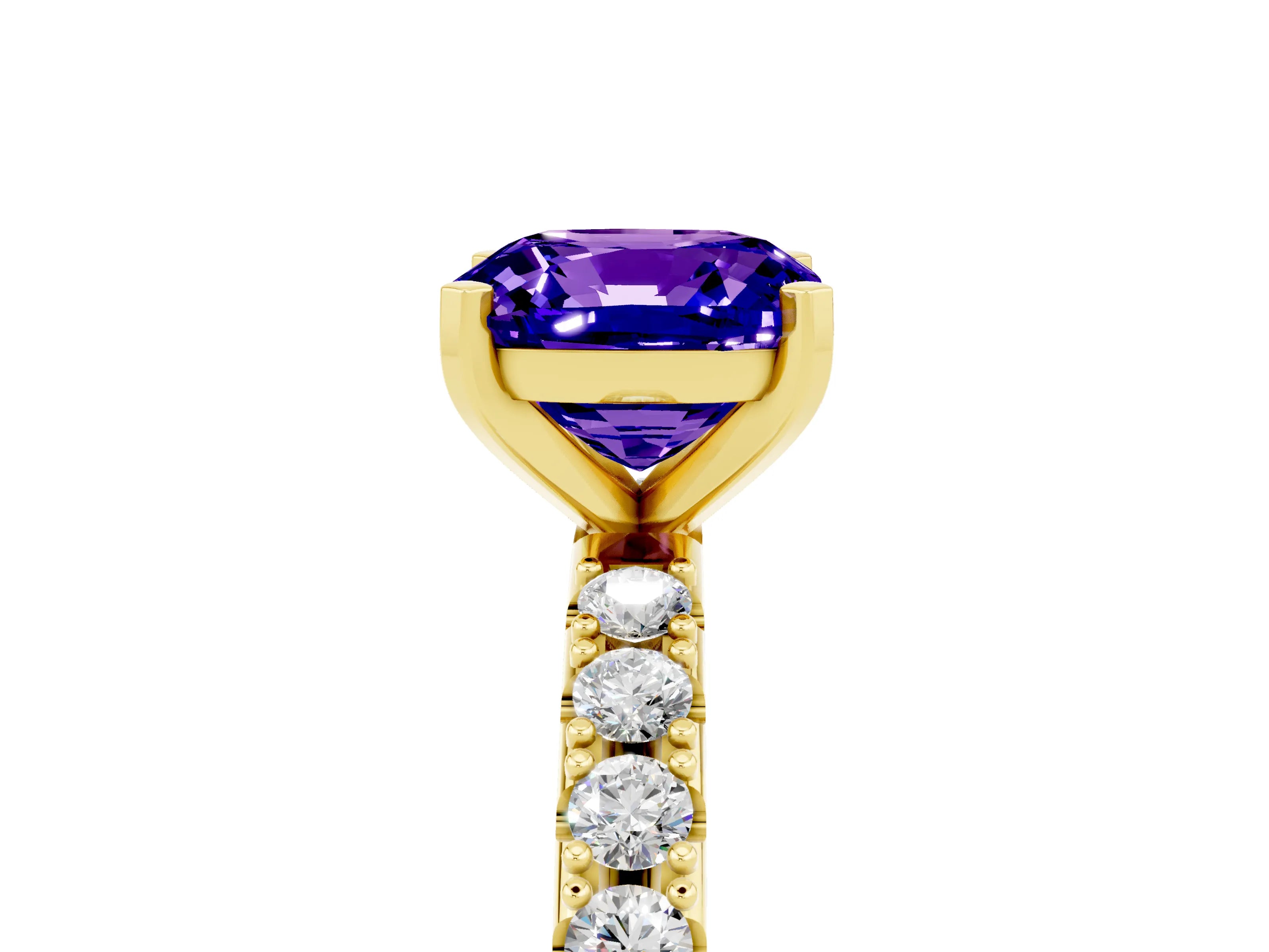Yellow gold Cushion Cut Tanzanite Solitaire Pavé Band with Four-Prong Setting_5