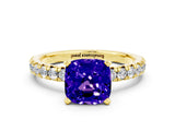Yellow gold Cushion Cut Tanzanite Solitaire Pavé Engagement Ring with Round Band and Prong Setting_12