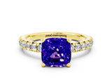 Yellow gold Cushion Cut Tanzanite Solitaire Pavé Engagement Ring with Round Band and Prong Setting_84