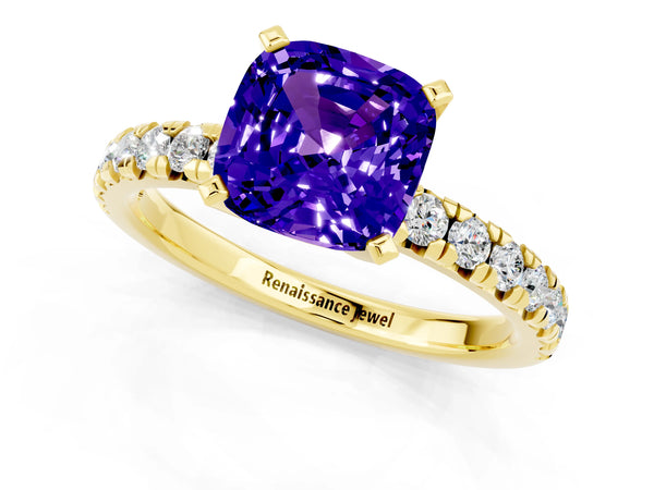 Yellow gold Cushion Cut Tanzanite Solitaire Pavé Engagement Ring with Round Band and Prong Setting