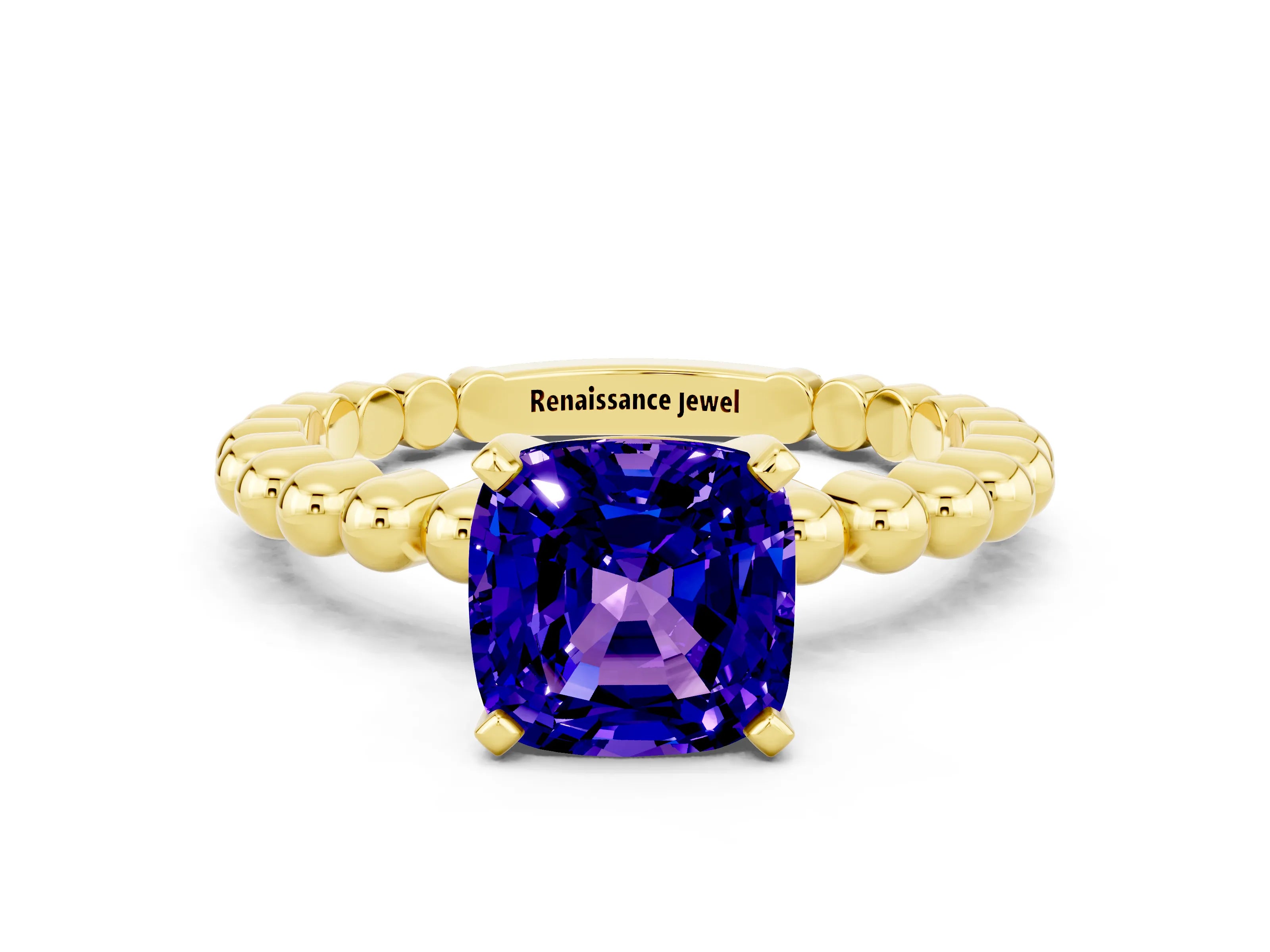 Yellow gold Cushion Cut Tanzanite Solitaire Ring with Beaded Band and Prong Setting