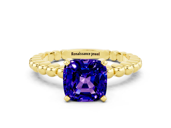 Yellow gold Cushion Cut Tanzanite Solitaire Ring with Beaded Band and Prong Setting